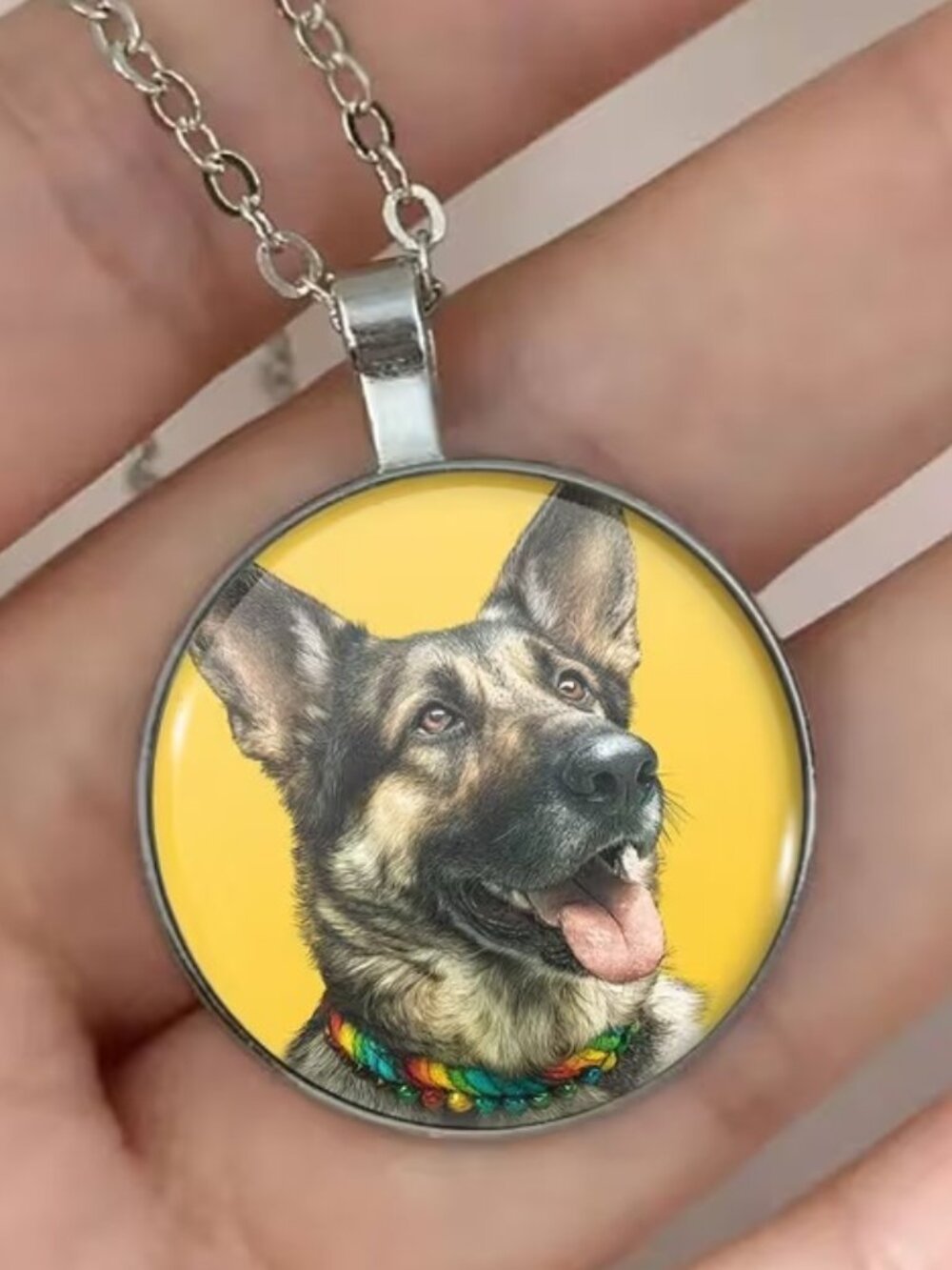Silver GERMAN SHEPHERD Dog Glass Cabochon Pendant Necklace